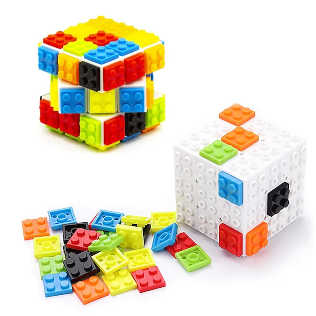 Speed Magic Cube 3x3 Build-on Brick Magic Cube Mini Cubes Puzzle and Bricks Toy in 1 for Adult Gift Black