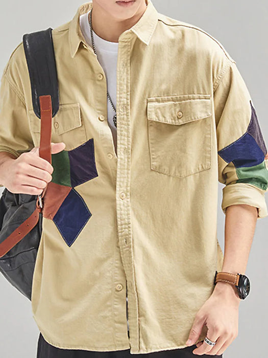 Men's Shirt Cargo Shirt khaki Army Green Long Sleeve Color Block