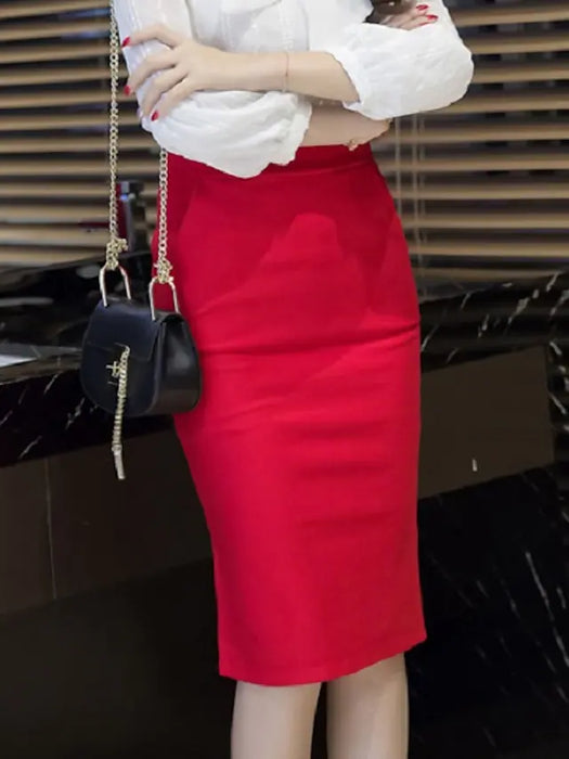 Women's Pencil Work Skirts Midi Polyester Black Red Skirts Spring & Fall