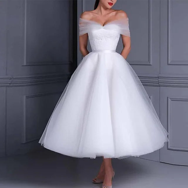 Bridal Shower Little White Dresses Wedding Dresses Tea Length Ball Gown Short Sleeve