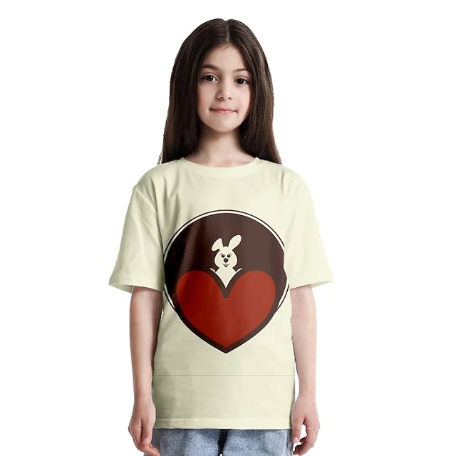 Kids Girls' T shirt Heart Easter Casual Short Sleeve Crewneck Active 7-13 Years Spring Beige