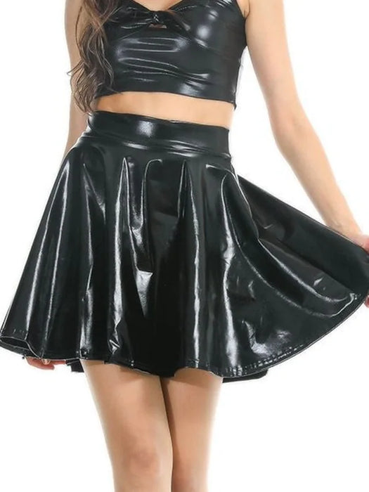 Women Shiny Metallic Mini Skirt Fared Pleated Holographic