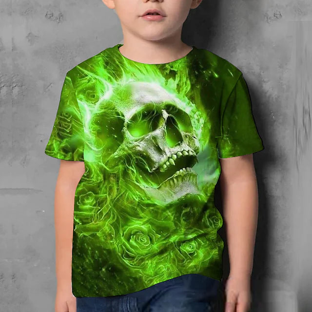 Kids Boys Halloween T shirt Short Sleeve 3D Print Skull Green Children Tops Summer Active Halloween Regular Fit 4-12 Years