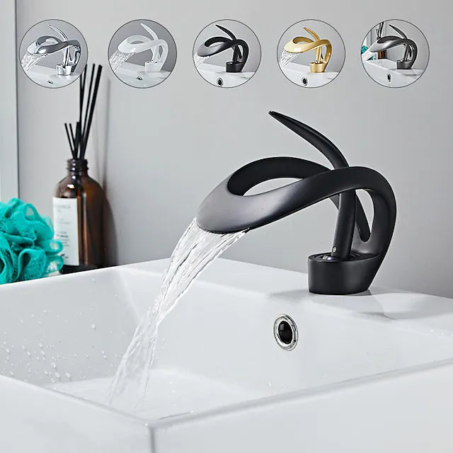 Bathroom Faucet,Brass Matte Black/Golden/Grey Waterfall Widespread Single Handle One Hole Bathroom Tap with Hot and Cold Switch