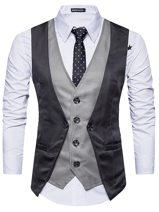 Men's Retro Vest Patchwork Standard Fit V Neck Single Breasted Four-buttons