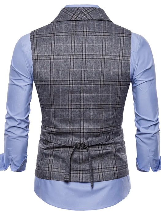 Men's Casual Vest Plaid Regular Fit Shawl Collar Double Breasted Six-buttons