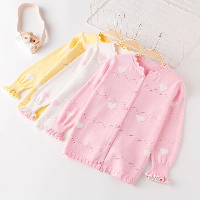 Kids Girls' Cardigan Heart Long Sleeve Basic Cotton Fall Pink Yellow White