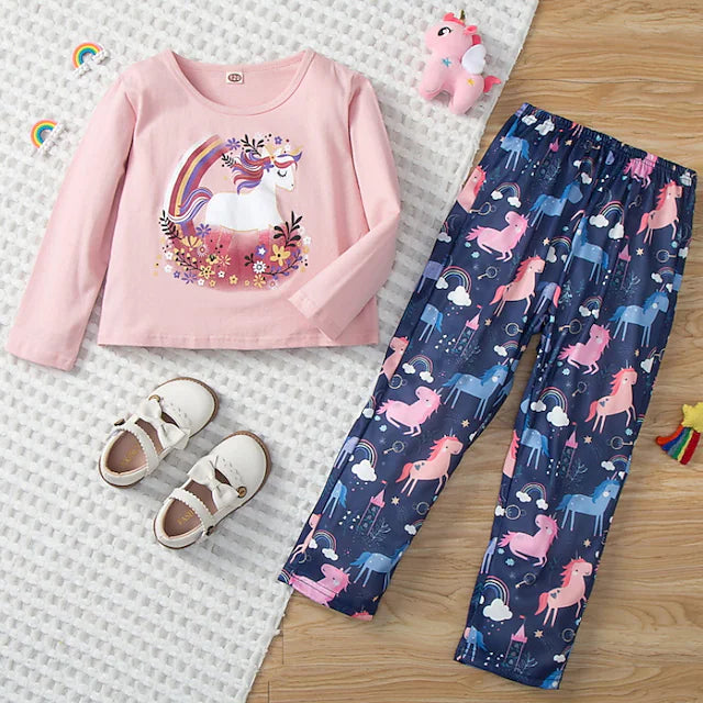 Kids Girls' Pajamas Long Sleeve Pink Unicorn Animal Fall Spring Active Indoor 4-12 Years / Cotton