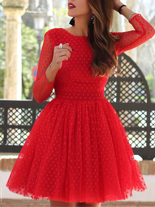 Women‘s A Line Dress Christmas Short Mini Dress Red Long Sleeve