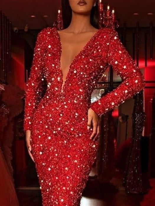Women's Party Dress Sequin Dress Long Dress Maxi Dress Red Long Sleeve