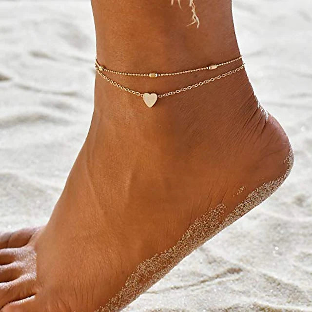 layered anklets women heart gold ankle bracelet charm beaded dainty