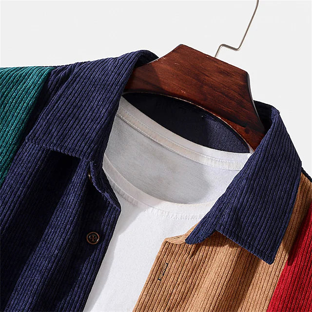 Men's Shirt Overshirt Shirt Jacket Color Block Turndown Navy Blue Long Sleeve