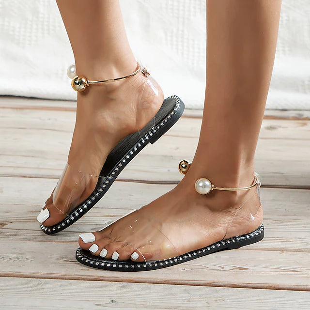 Women's Sandals Flat Sandals Clear Shoes Daily Summer Pearl Lace-up Flat Heel Round Toe