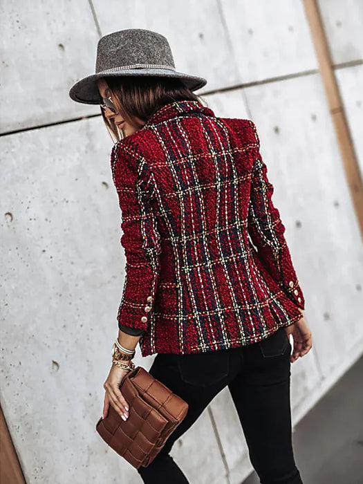 Women's Blazer Tweed Plaid Long Sleeve Coat