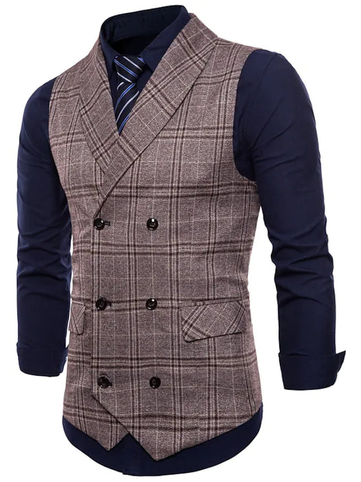 Men's Casual Vest Plaid Regular Fit Shawl Collar Double Breasted Six-buttons