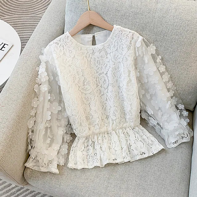 Kids Girls' Blouse Long Sleeve Solid Color Puff Sleeve White Children Tops