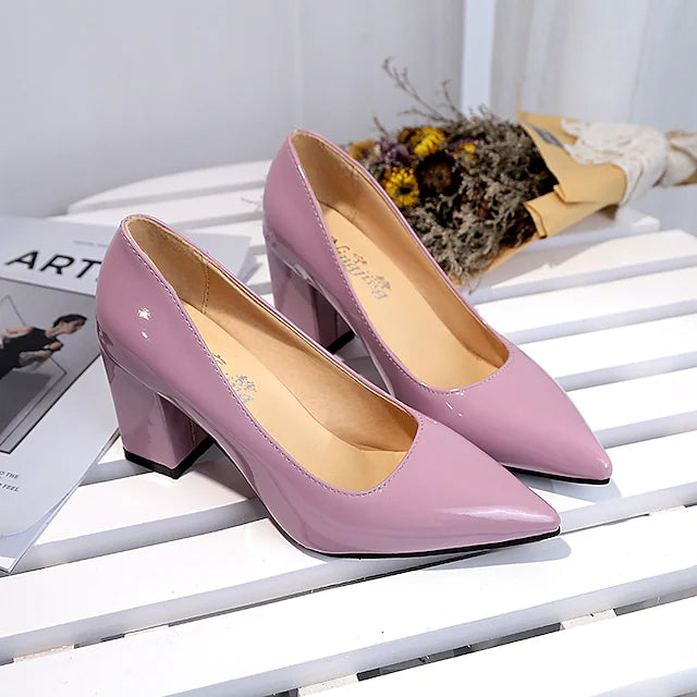 Women's Heels Chunky Heel Pointed Toe PU Loafer Solid Colored Black White Rosy Pink