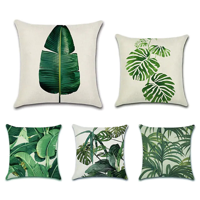 1 Set of 5 Pcs Green Leaf Botanical Series Throw Pillow Covers
