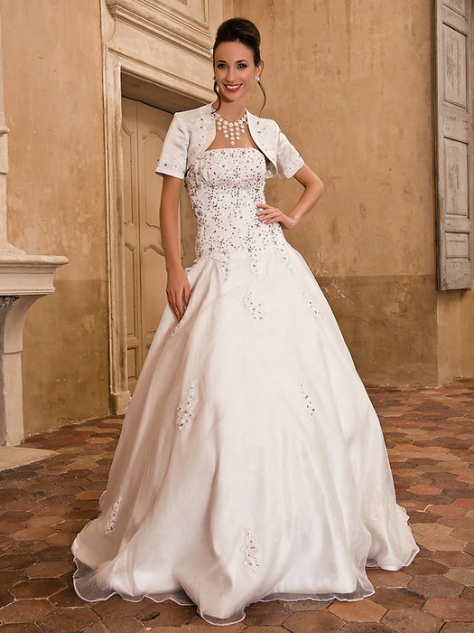 Hall Wedding Dresses Floor Length Ball Gown Short Sleeve Strapless Satin