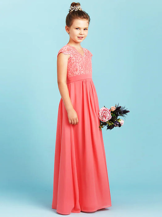 Princess Floor Length V Neck Chiffon Junior Bridesmaid Dresses&Gowns
