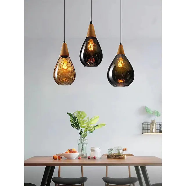 1-Light 30cm Solid Wood Glass Pendant Light LED Sleek Single Design Island Lights