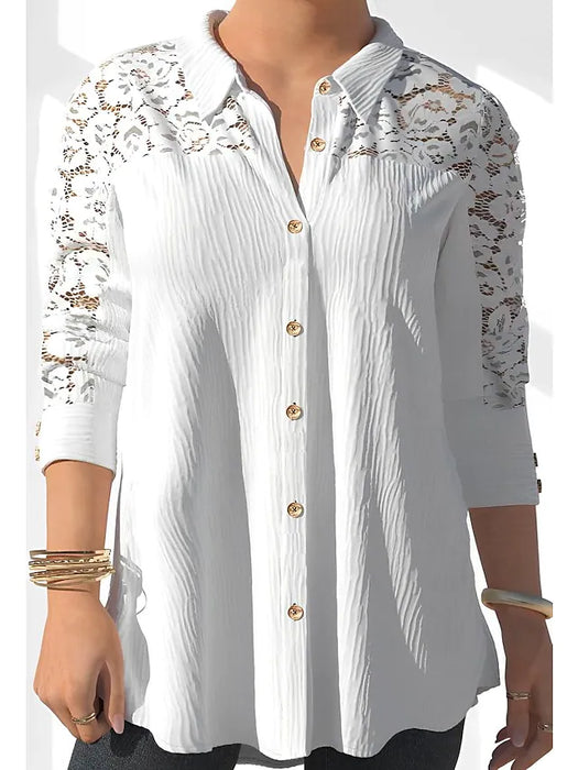 Women's Shirt Blouse White Pure Color Lace Ruched Long Sleeve Work Daily