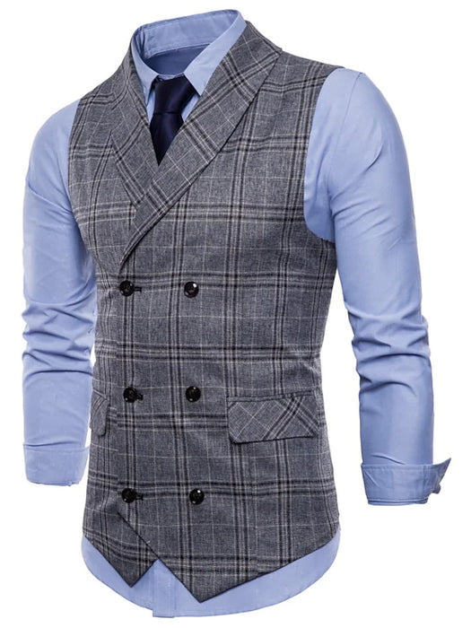Men's Casual Vest Plaid Regular Fit Shawl Collar Double Breasted Six-buttons
