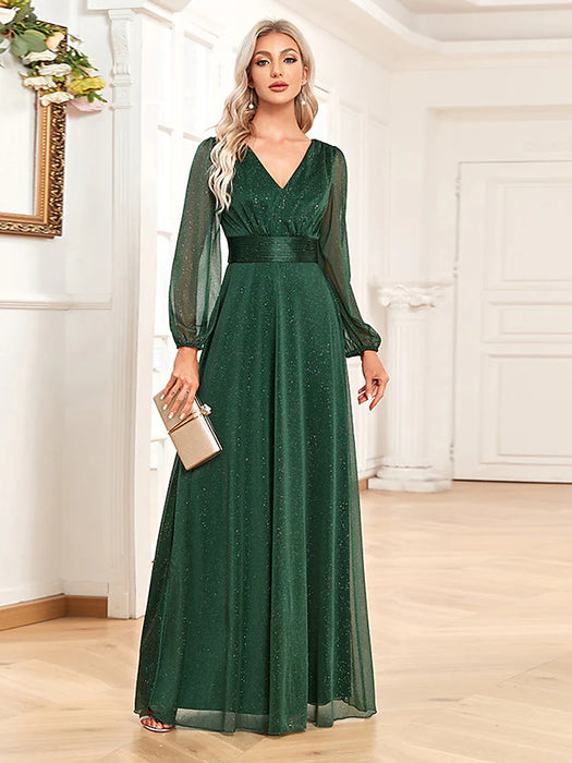 A-Line Evening Gown Elegant Dress Formal Floor Length Long Sleeve