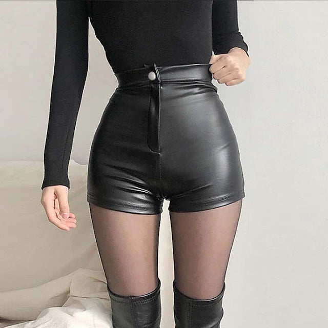 Women's Shorts Hot Pants PU Faux Leather Black Mid Waist Fashion