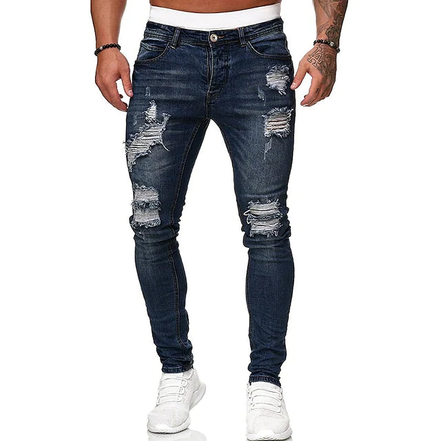 men‘s ripped jeans distressed jeans denim pants stretch slim-fit pants for men streetwear trousers