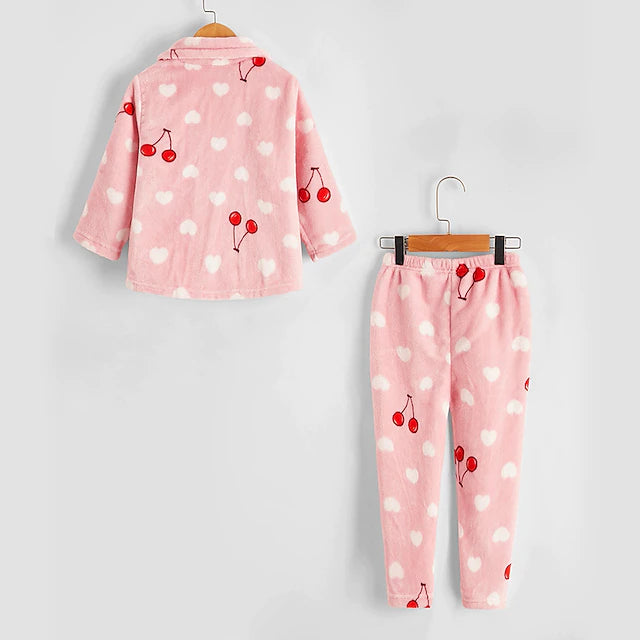 Toddler Girls' Pajama Set Long Sleeve Pink Heart Cherry Pocket Fall Winter Cute Home 3-7 Years