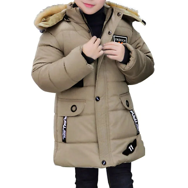 Kids Boys Down Coat Long Sleeve Black Khaki Navy Blue Plain Zipper