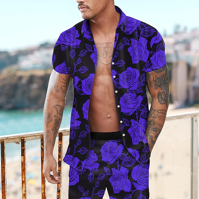 Men's Shirt Set Short Sleeve Button-Down Tops Floral Rose Print Turndown Red Outdoor Casual Fashion Casual Hawaiian
