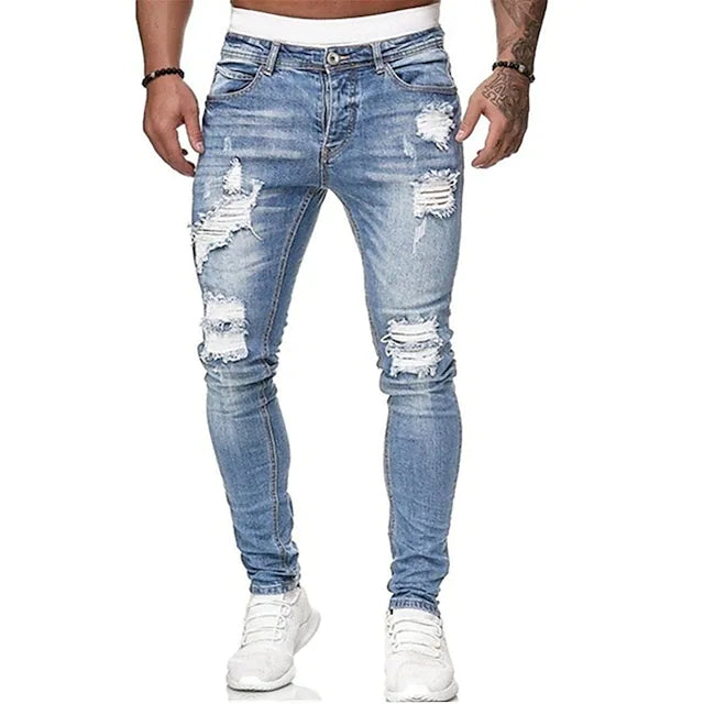 men‘s ripped jeans distressed jeans denim pants stretch slim-fit pants for men streetwear trousers