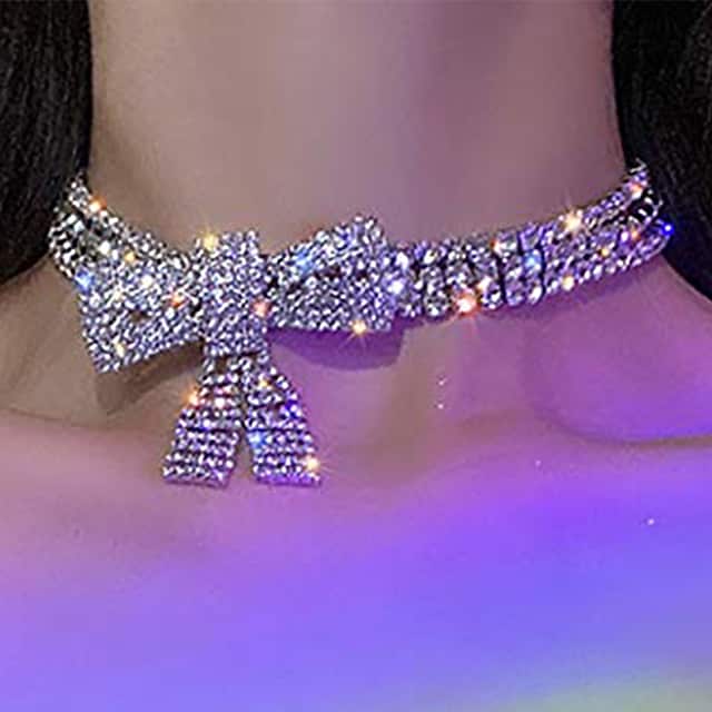 Rhinestone Choker Necklace Bow-Knot Full Crystals Necklaces Silver Sparkly