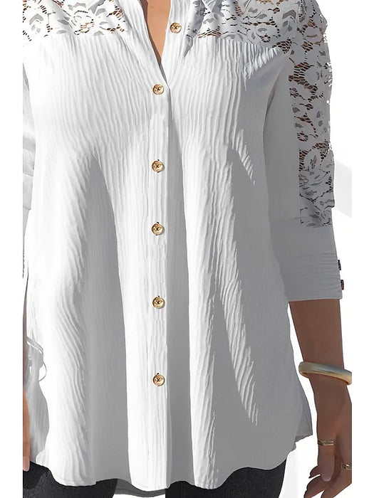 Women's Shirt Blouse White Pure Color Lace Ruched Long Sleeve Work Daily