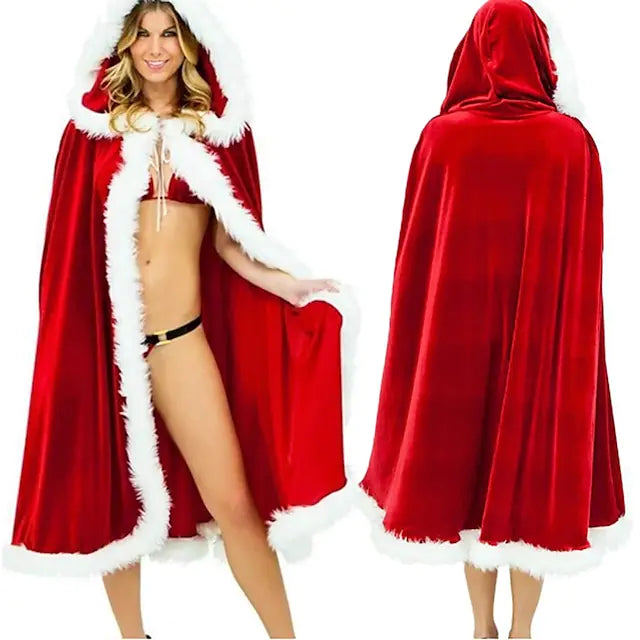 Red Velvet Hooded Cape Cloak Santa Cosplay Christmas Costumes Women Carnival Party Clubwear