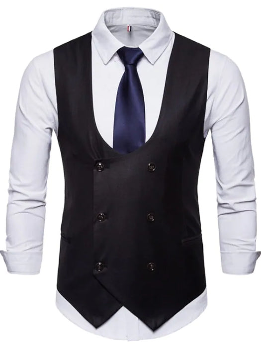 Men's Formal Vest Solid Color Tailored Fit U Neck Double Breasted Six-buttons