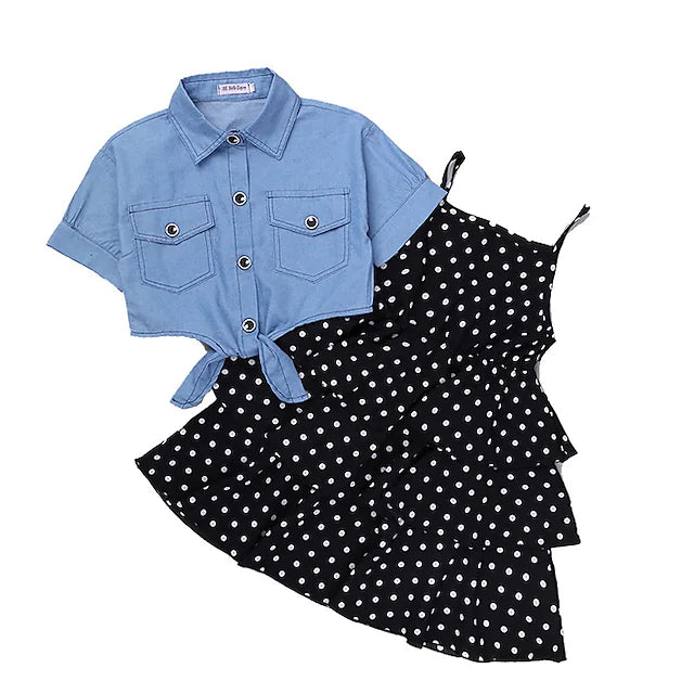 Kids Girls' Clothing Set Short Sleeve yellow. White Black Polka Dot Layered Denim Chiffon Basic