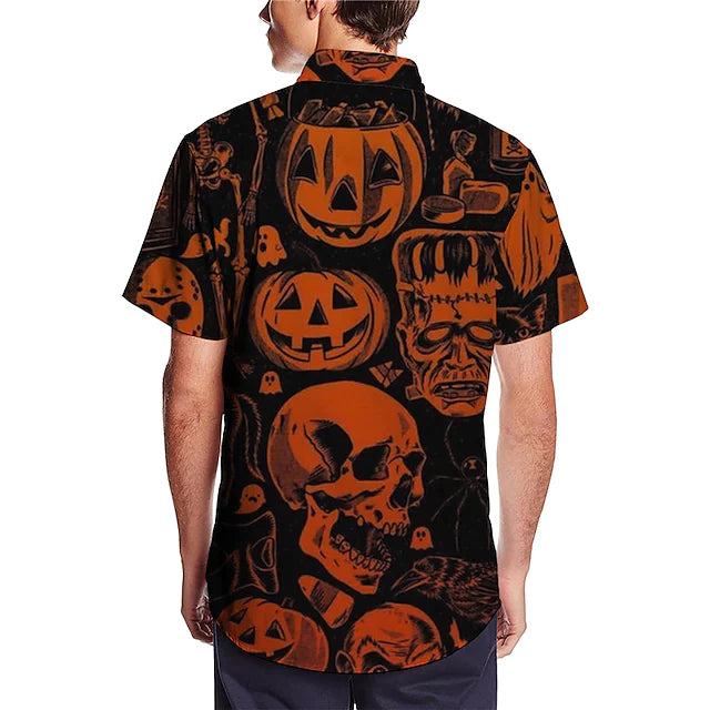 Men's Shirt Graphic Shirt Pumpkin Turndown Yellow 3D Print Outdoor Halloween