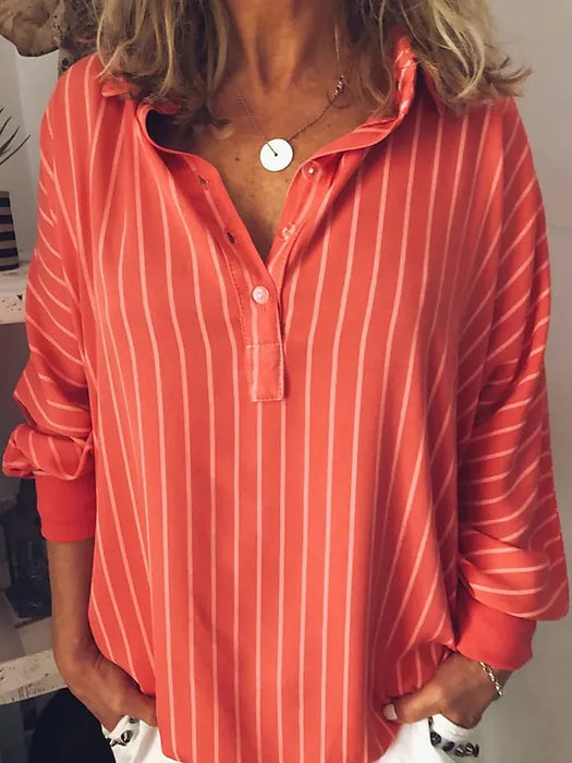 Women's Shirt Blouse Orange Striped Button Print Long Sleeve Daily Vacation