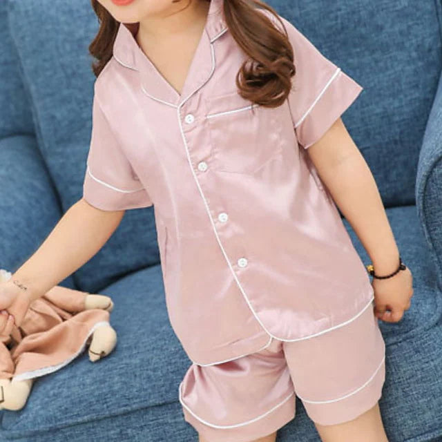 Kids Girls Pajamas Short Sleeve Light Blue Animal Lace up Active Adorable 2-6 Years