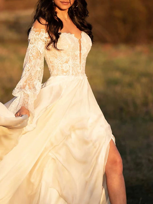 Beach Boho Wedding Dresses Court Train A-Line Long Sleeve Off Shoulder