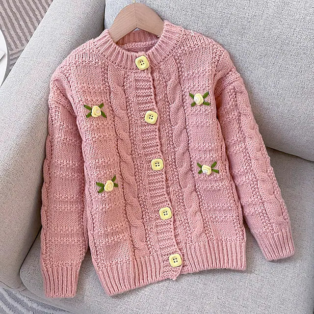 Kids Girls' Cardigan Floral School Long Sleeve Button Fashion 7-13 Years Winter Pink Beige