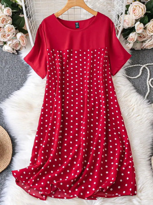 Women's Plus Size Holiday Dress Polka Dot Crew Neck Ruched Short Sleeve
